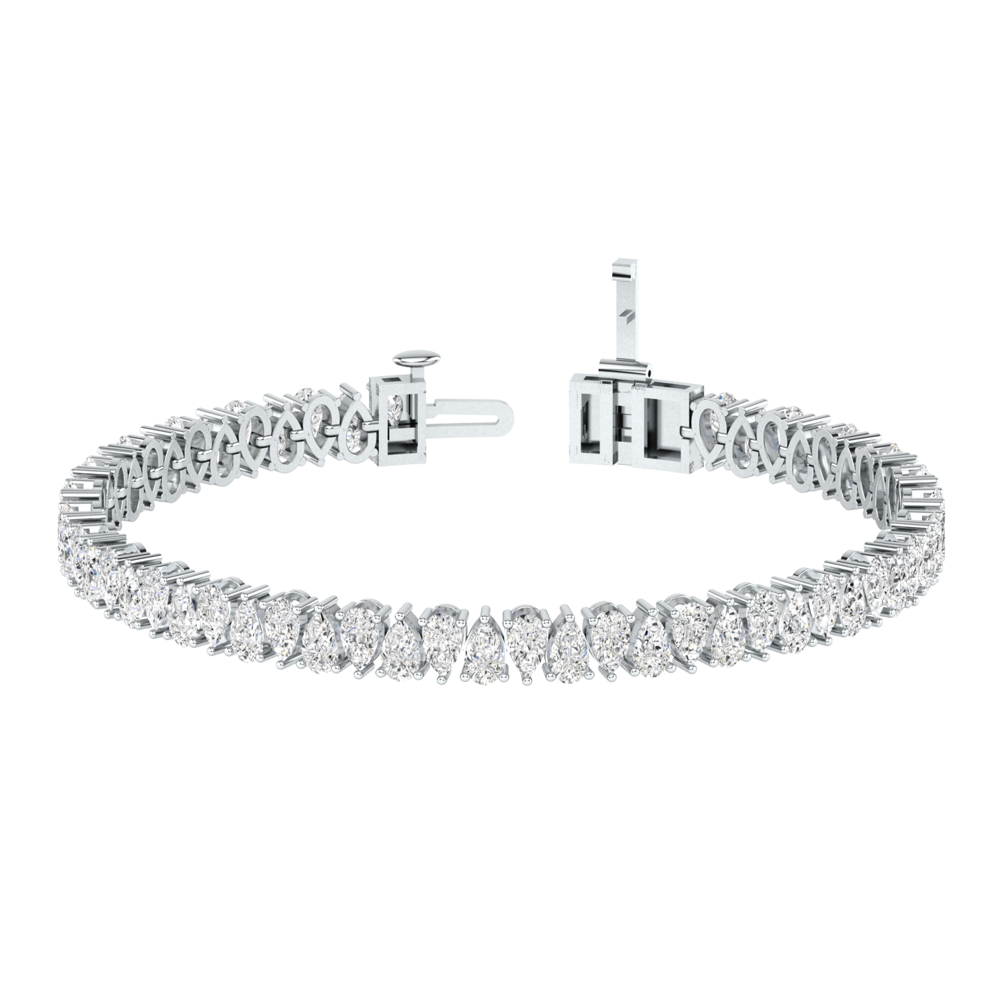 platinum or white gold tennis line bracelet with alternating pear cut shaped ethical & sustainable lab grown diamonds set using prongs