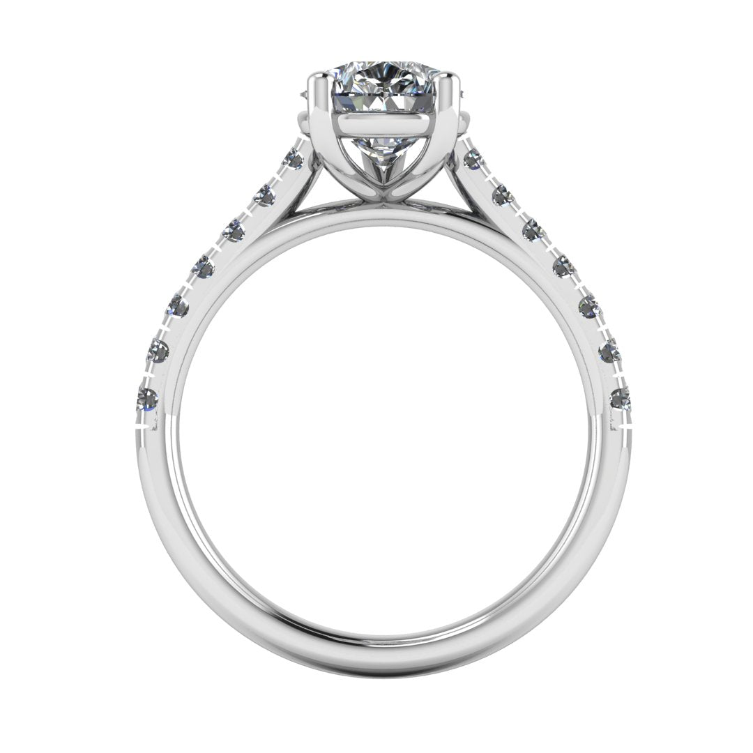 flat view of platinum or white gold pavé engagement ring with a pear shaped centre lab grown diamond and microset diamond shoulder