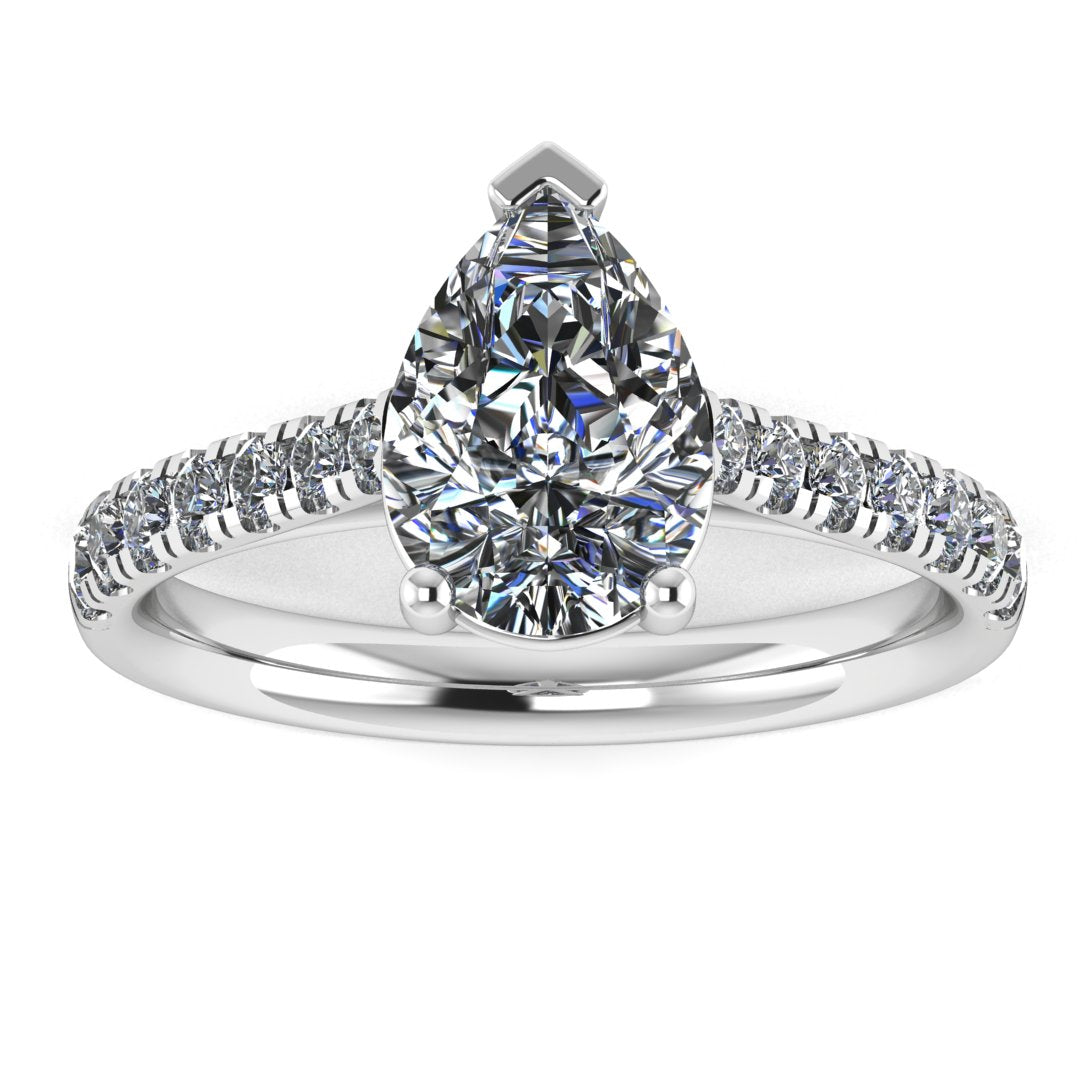 front view of platinum or white gold pavé engagement ring with a pear shaped centre lab grown diamond and microset diamond shoulder