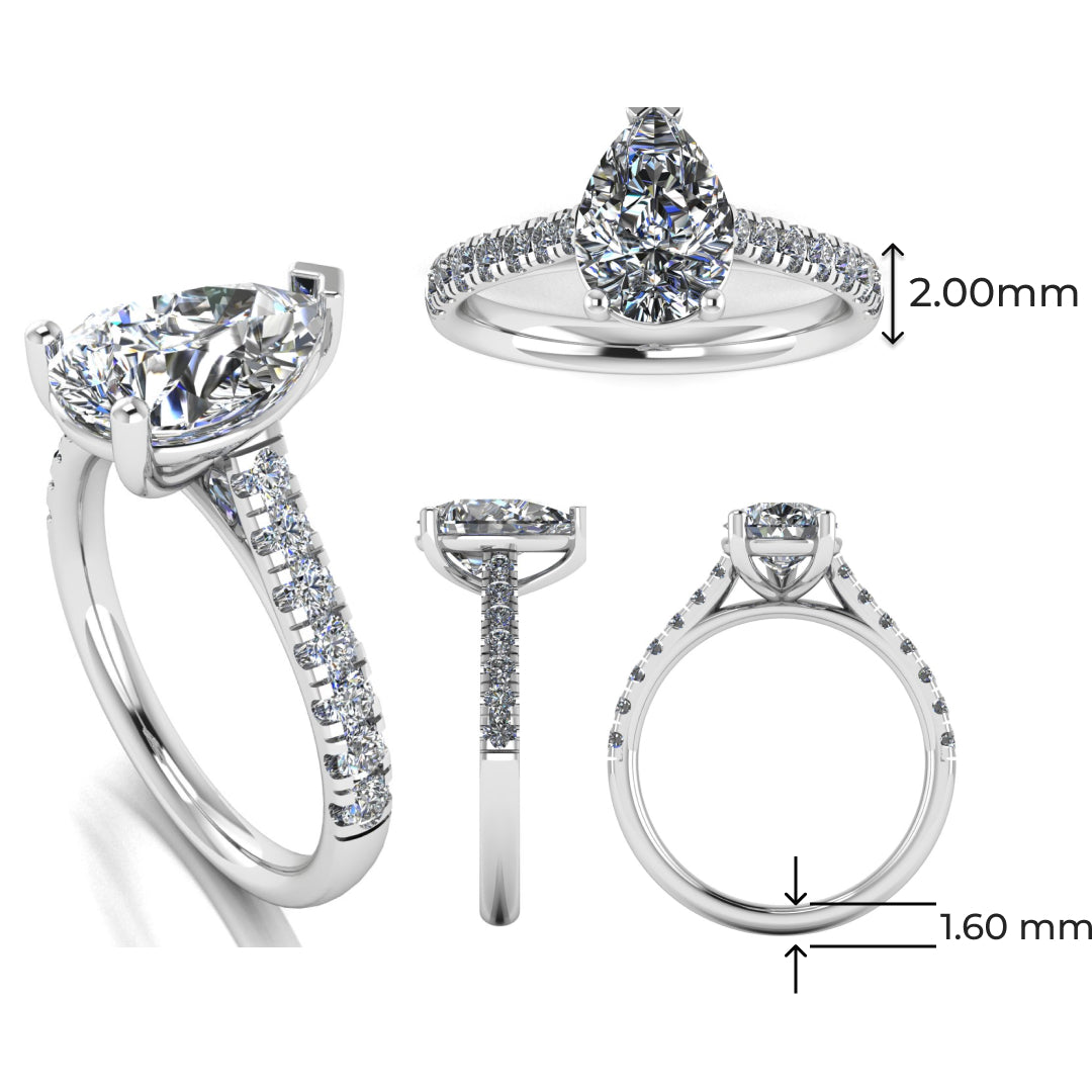 multi view of platinum or white gold pavé engagement ring with a pear shaped centre lab grown diamond and microset diamond shoulder