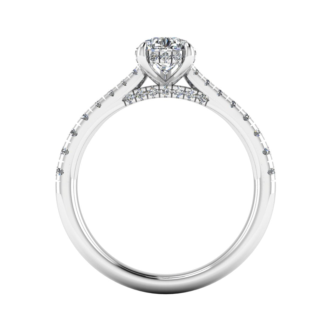 flat view of a platinum or white gold engagement ring, there is a pear cut centre lab grown diamond which has a hidden under halo and pavé-set diamond shoulders