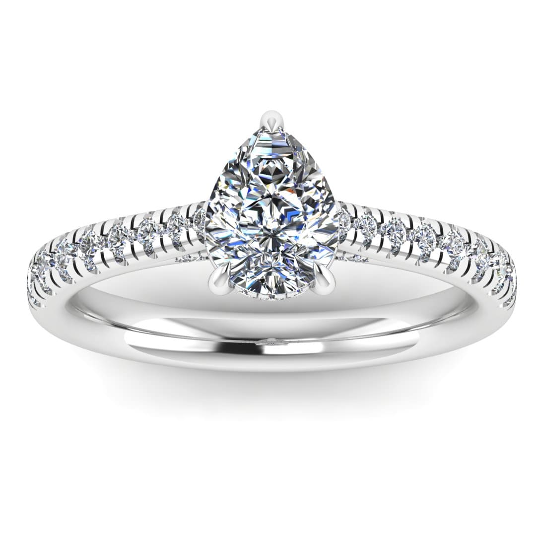 front view of a platinum or white gold engagement ring, there is a pear cut centre lab grown diamond which has a hidden under halo and pavé-set diamond shoulders