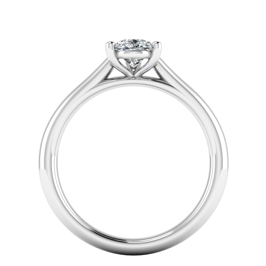 flat view of platinum or white gold engagement ring with a pear cut lab grown diamond which is ethical and sustainable