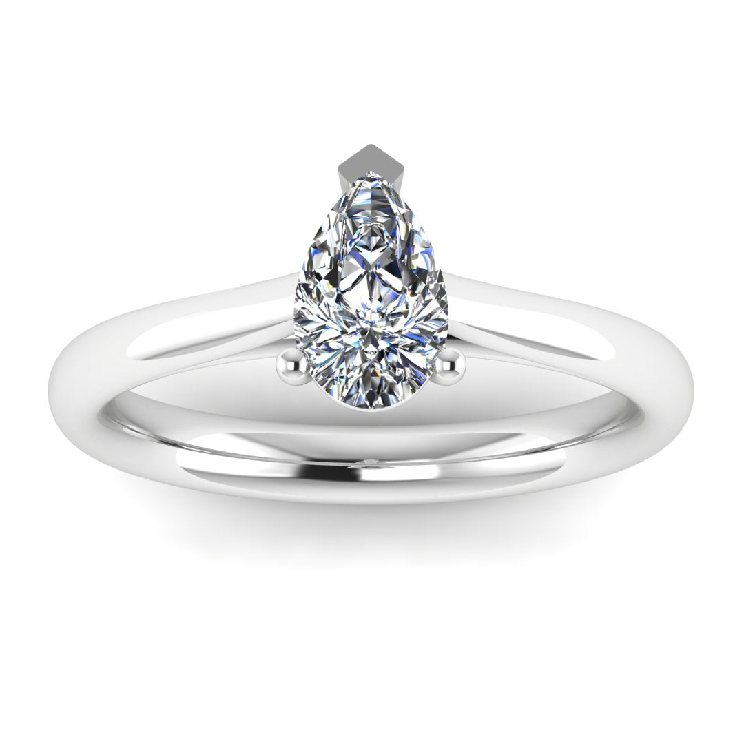 front view of platinum or white gold engagement ring with a pear cut lab grown diamond which is ethical and sustainable