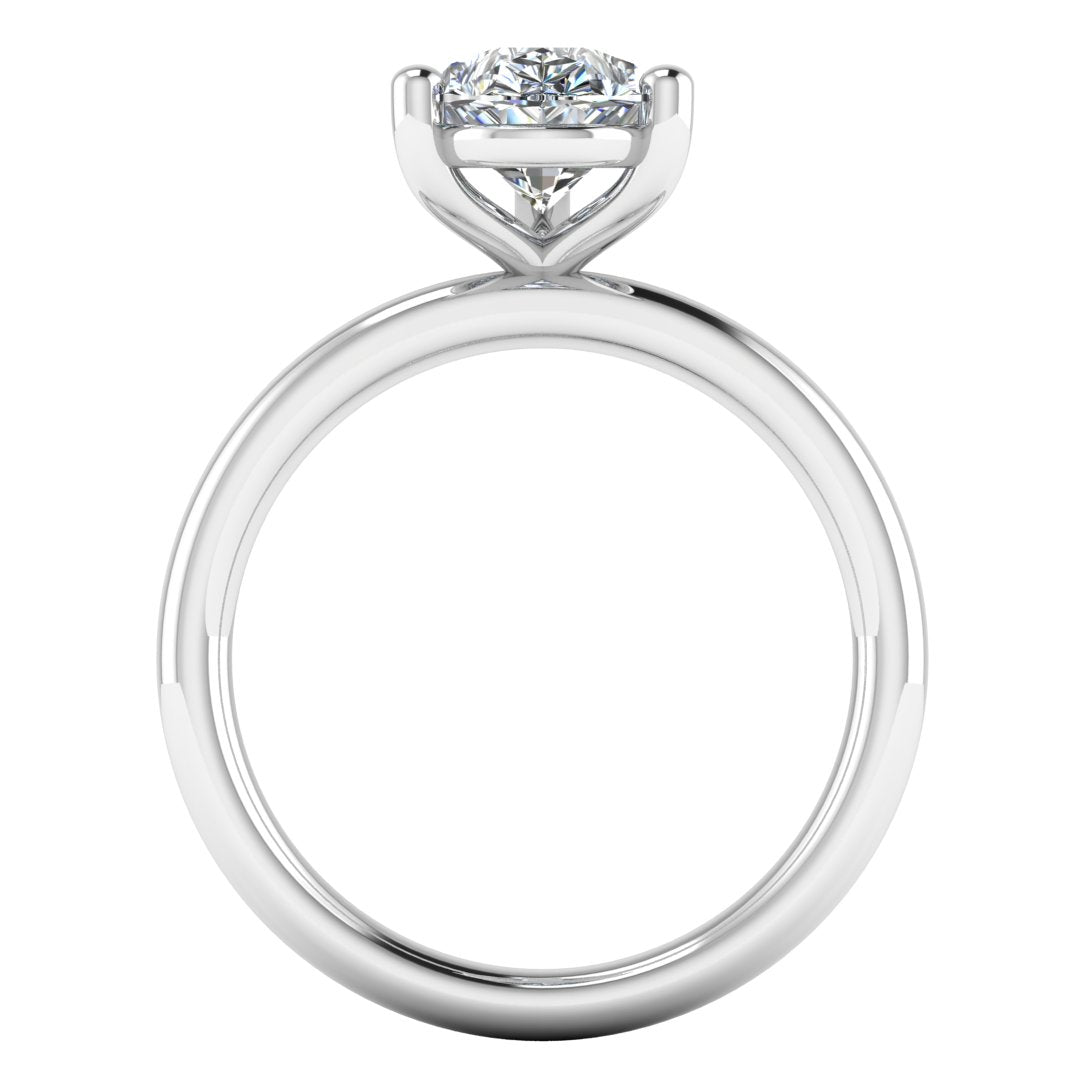 flat view of a platinum or white gold engagement ring with a pear cut lab grown ethical and sustainable diamond