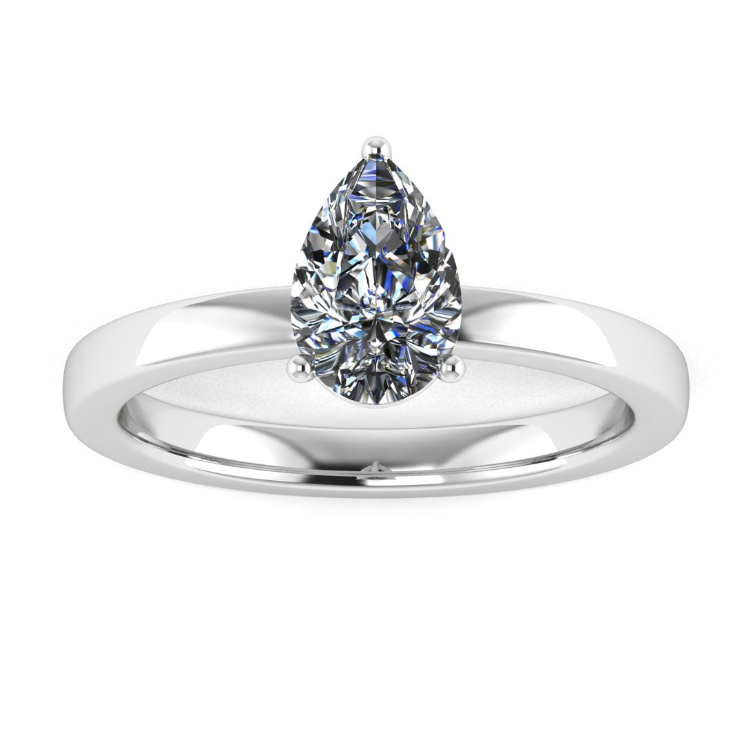 front view of a platinum or white gold engagement ring with a pear cut lab grown ethical and sustainable diamond