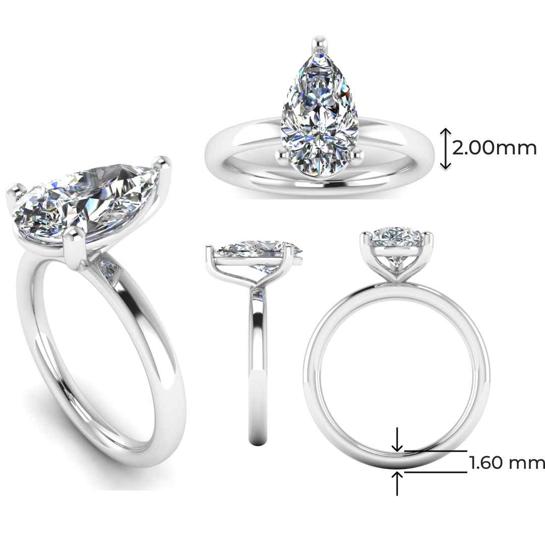 multi view of a platinum or white gold engagement ring with a pear cut lab grown ethical and sustainable diamond
