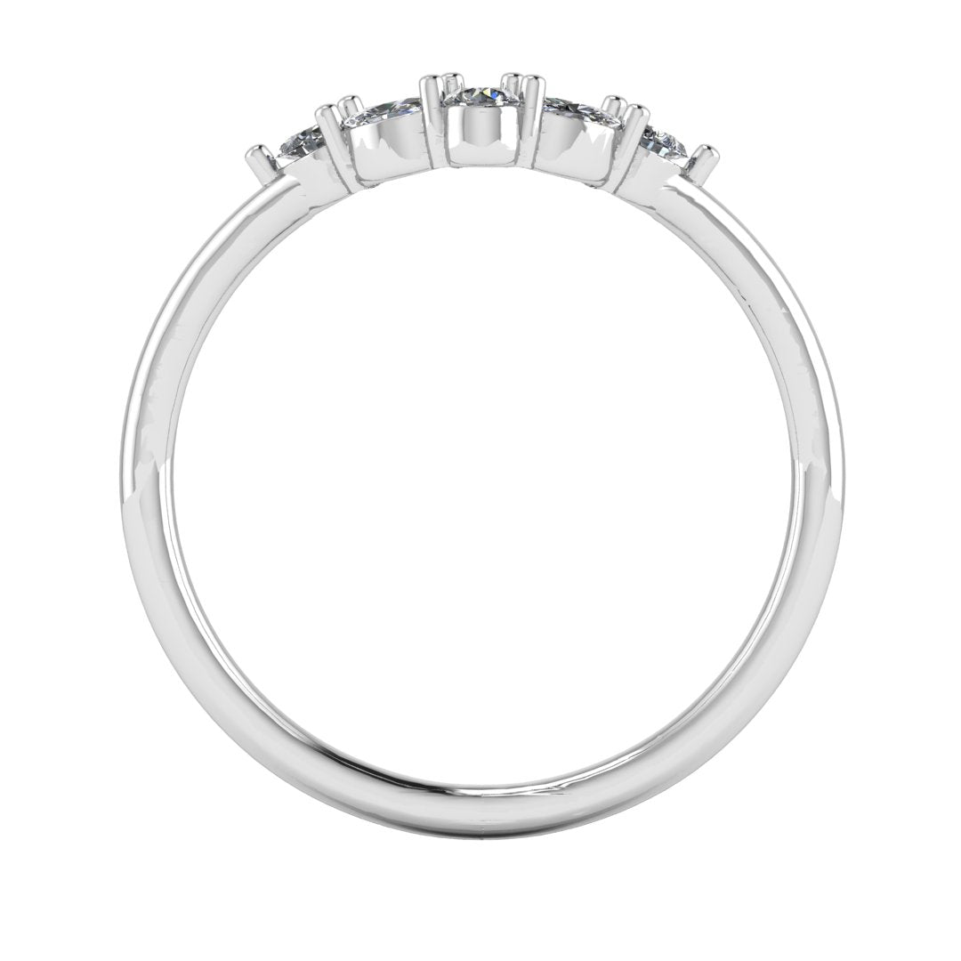 flat view of a platinum or white gold eternity ring or wedding band shaped with pear, oval & round lab grown diamonds