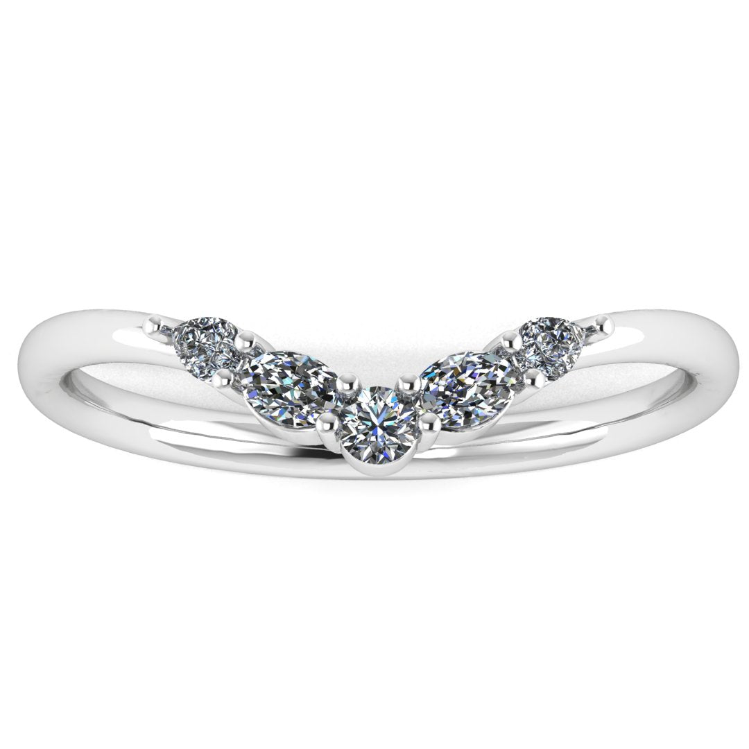 front view of a platinum or white gold eternity ring or wedding band shaped with pear, oval & round lab grown diamonds