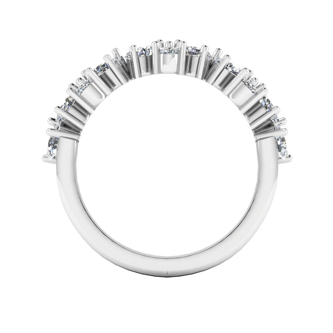 flat view off a glamourous intricate platinum or white gold eternity ring which can also be worn as a wedding band featuring pear cut lab-grown diamonds arranged in a pattern