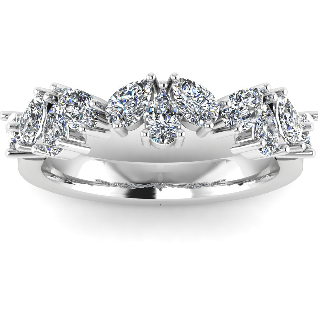 front view off a glamourous intricate platinum or white gold eternity ring which can also be worn as a wedding band featuring pear cut lab-grown diamonds arranged in a pattern