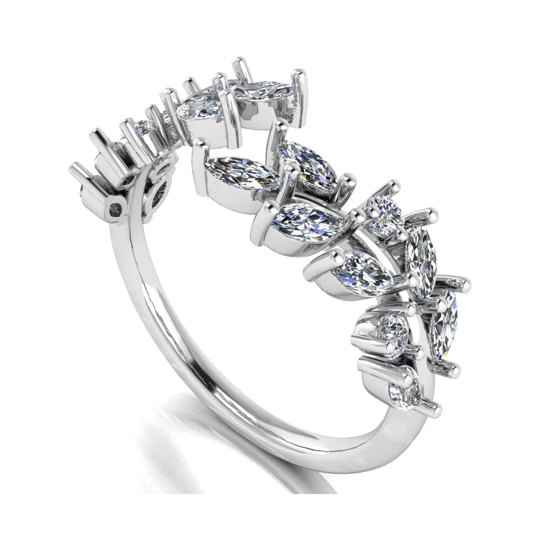 angled view of platinum or white gold eternity ring or wedding band with an open design using marquise cut lab grown diamonds
