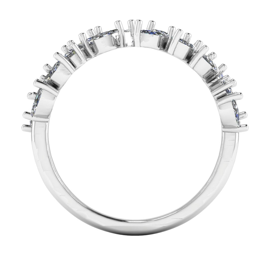 flat view of platinum or white gold eternity ring or wedding band with an open design using marquise cut lab grown diamonds