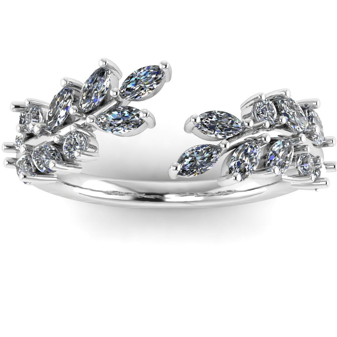 front view of platinum or white gold eternity ring or wedding band with an open design using marquise cut lab grown diamonds