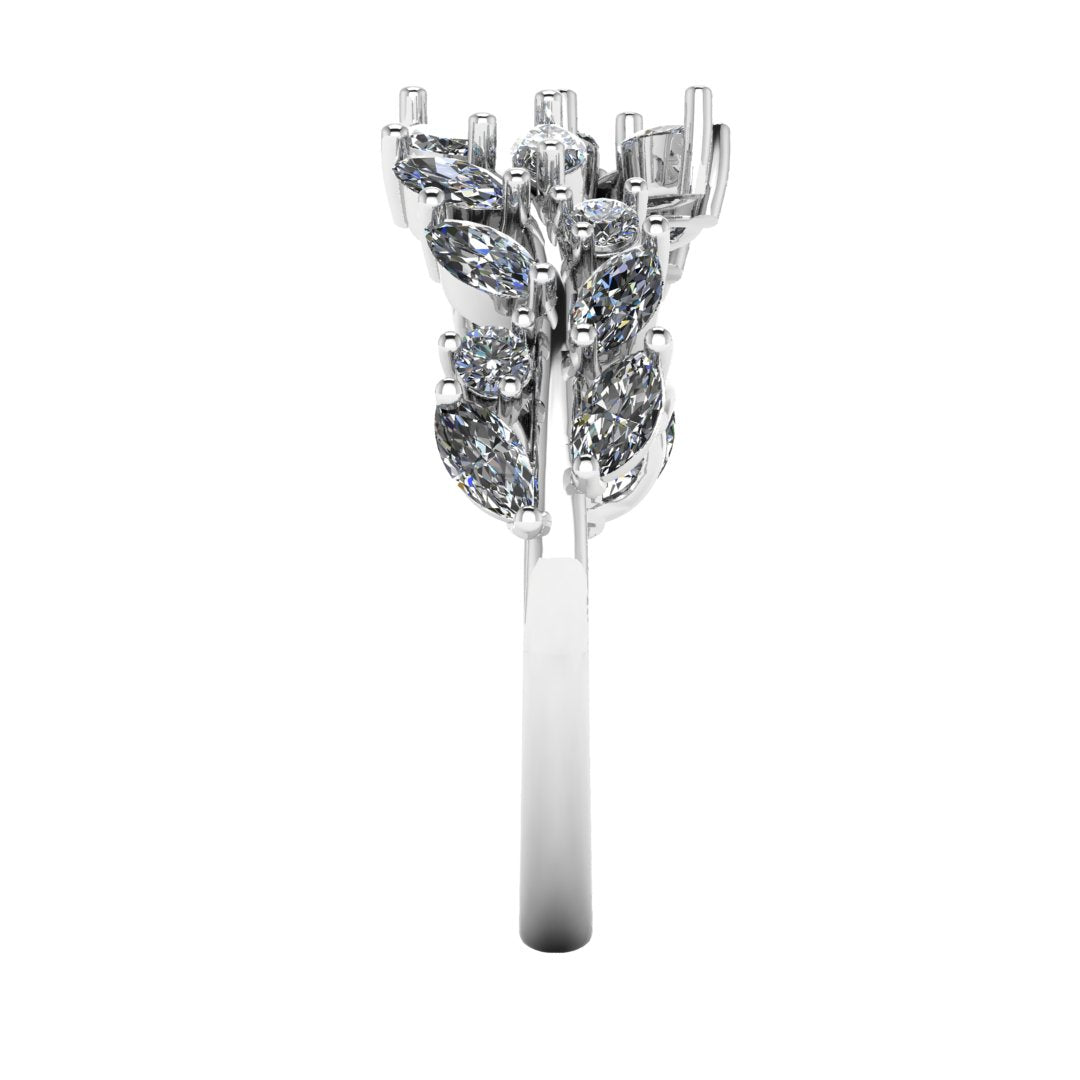 side view of platinum or white gold eternity ring or wedding band with an open design using marquise cut lab grown diamonds