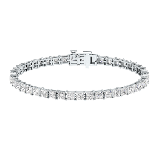 platinum or white gold tennis line bracelet with princess cut ethical & sustainable lab grown diamonds set using prongs