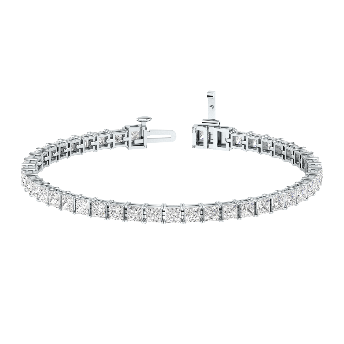 platinum or white gold tennis line bracelet with princess cut ethical & sustainable lab grown diamonds set using prongs