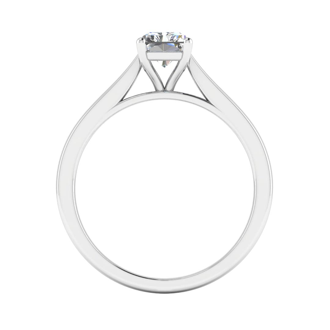 flat view of a platinum or white gold engagement ring set with a radiant cut lab grown diamond with 4 claws
