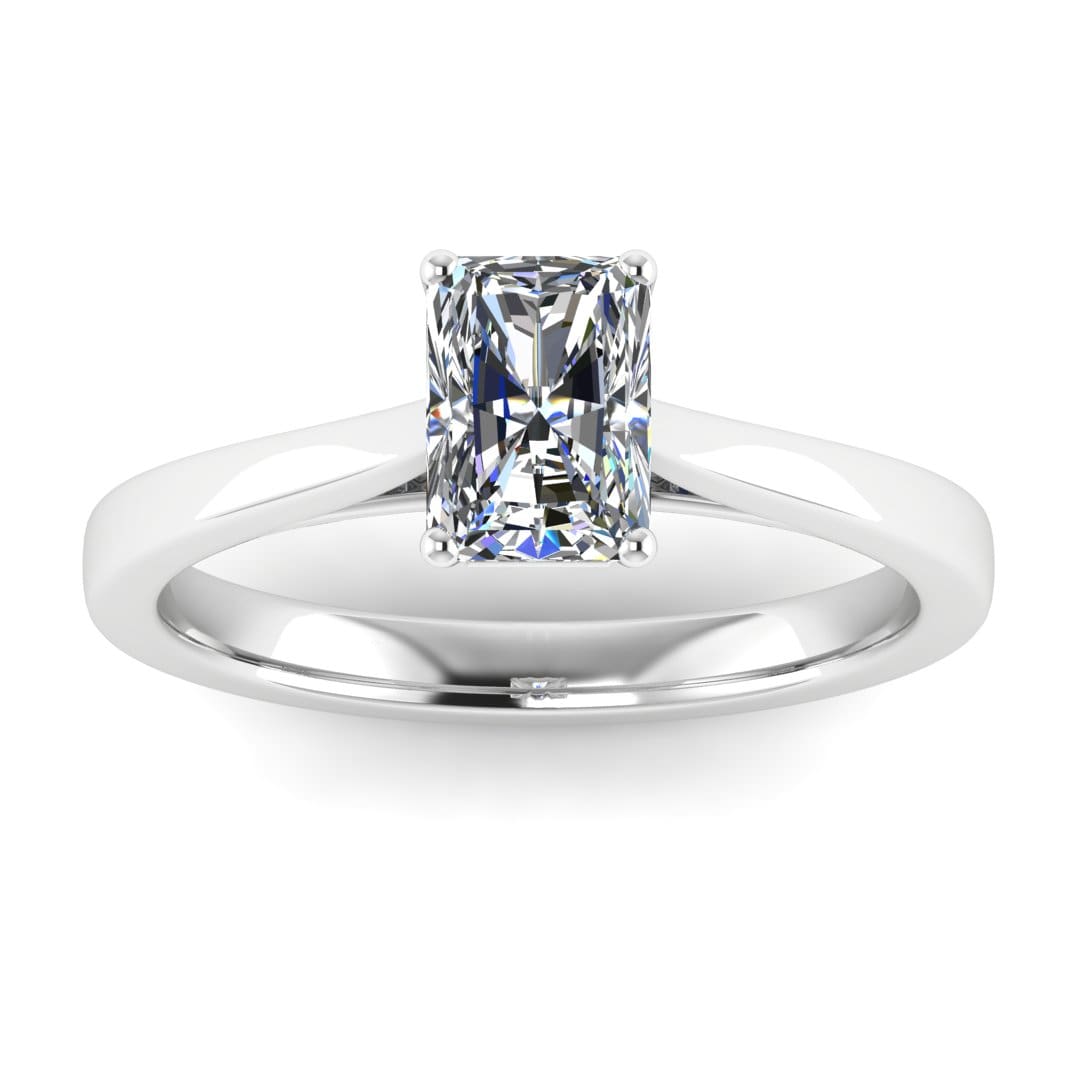 front view of a platinum or white gold engagement ring set with a radiant cut lab grown diamond with 4 claws
