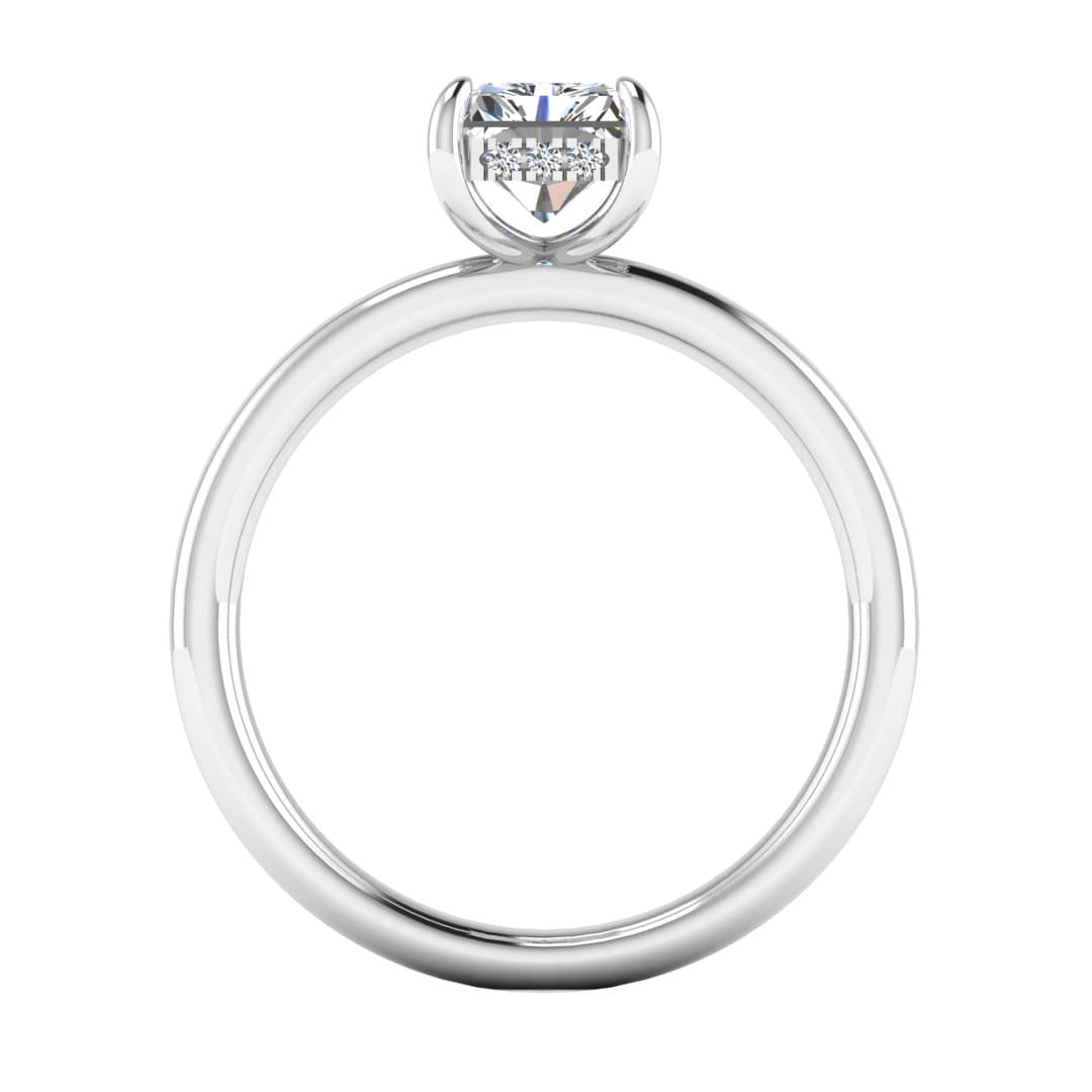 flat view of a platinum or white gold single solitaire engagement with set with a radiant cut lab grown diamond featuring a secret hidden under halo