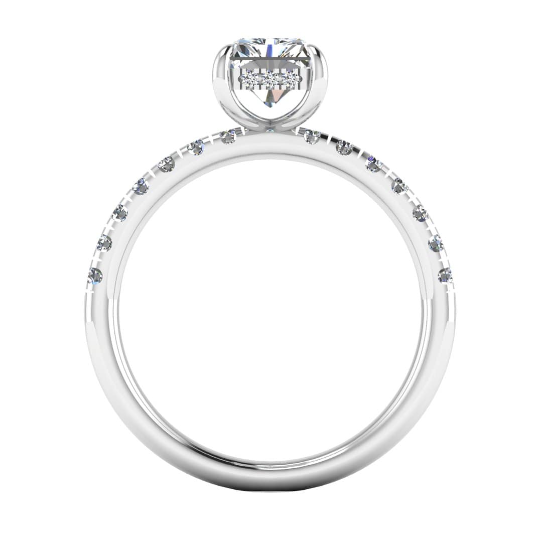 flat view of platinum or white gold engagement ring featuring a radiant cut lab-grown diamond with pavé-set shoulders and a hidden halo