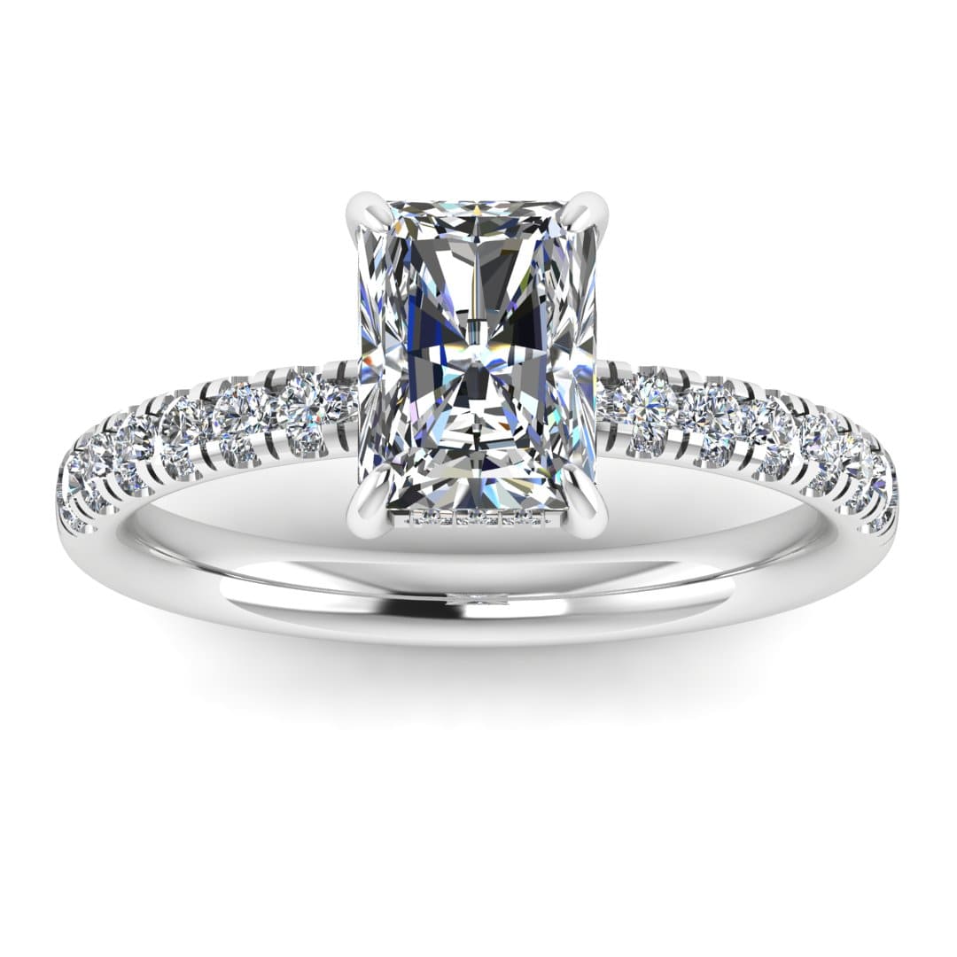 front view of platinum or white gold engagement ring featuring a radiant cut lab-grown diamond with pavé-set shoulders and a hidden halo