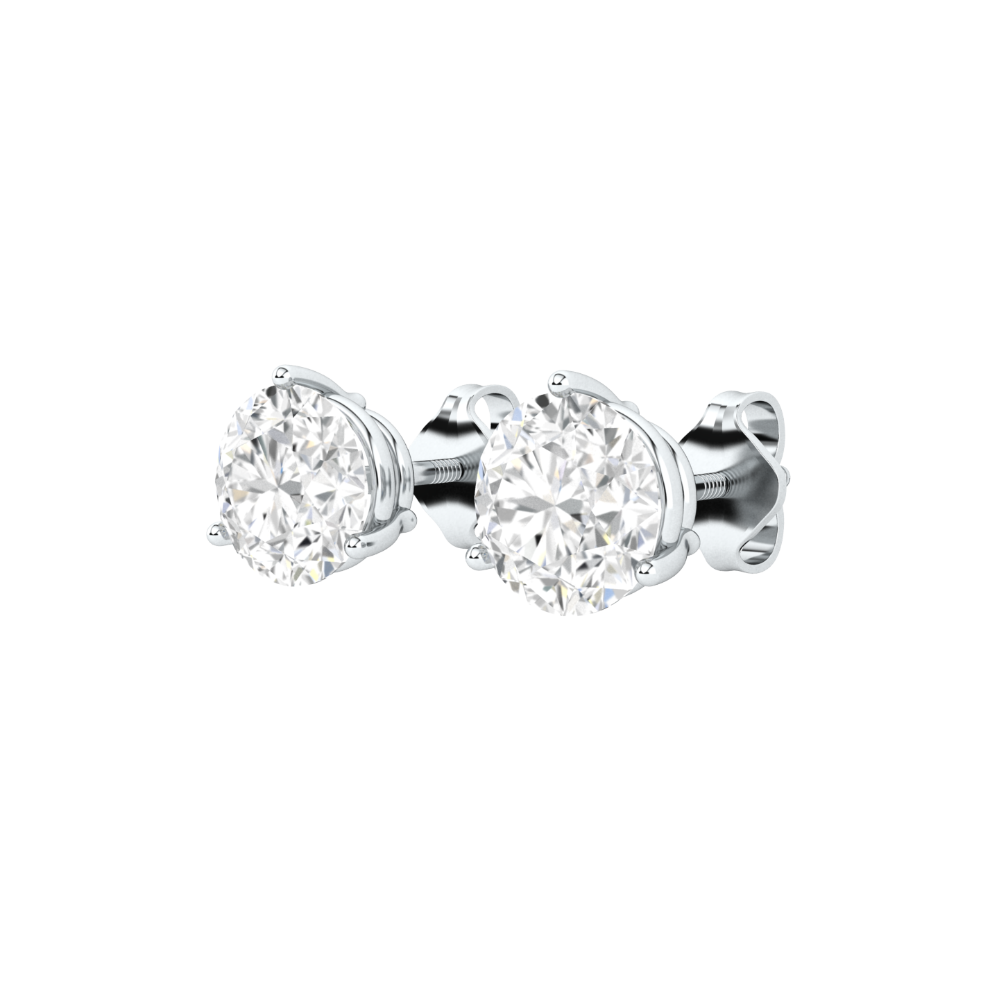 angled view of 3 claw platinum or white gold stud earrings with round brilliant lab grown diamonds in a basket setting