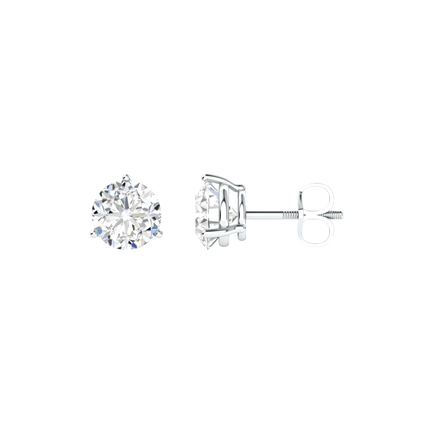 Front and side view of 3 claw platinum or white gold stud earrings with round brilliant lab grown diamonds in a basket setting