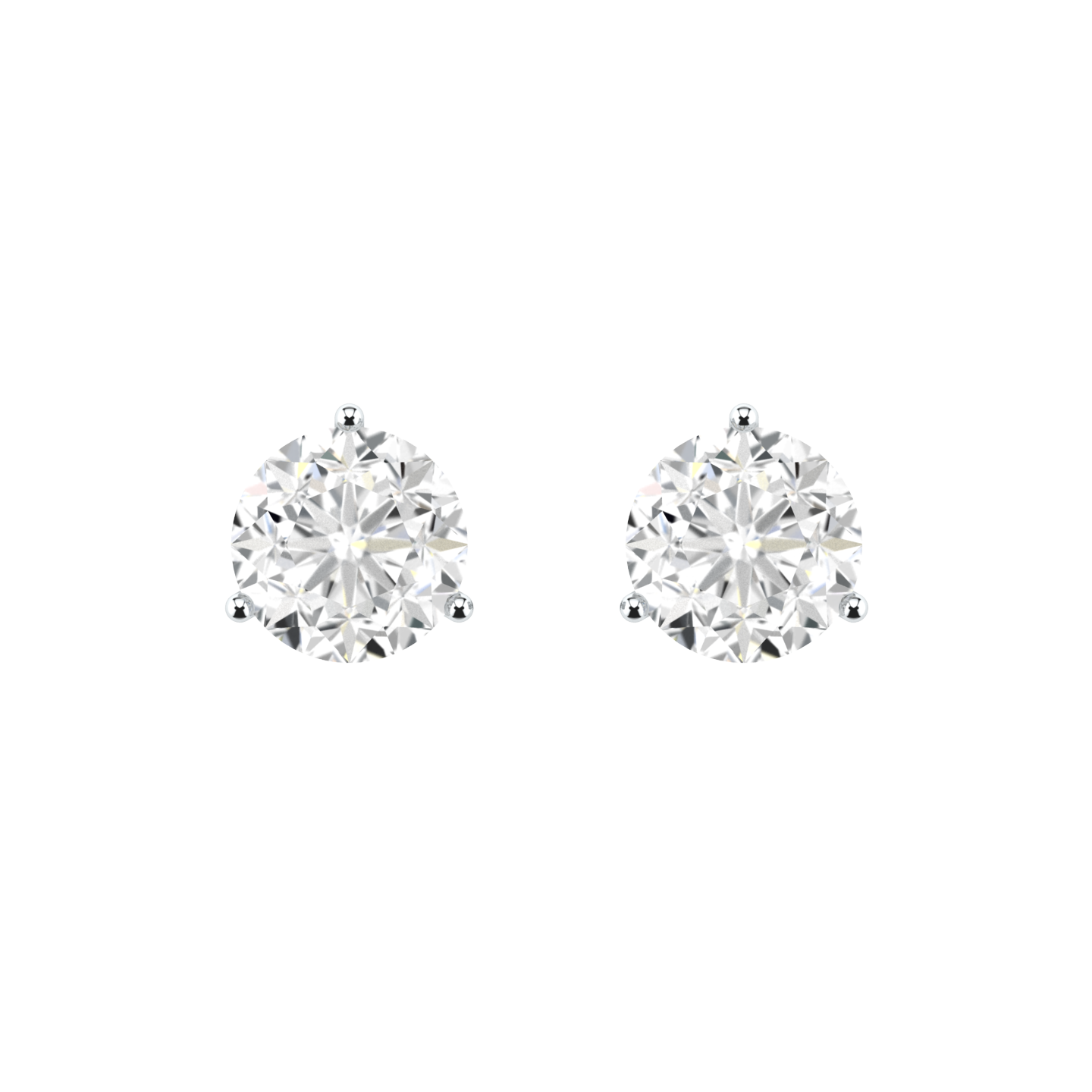 Front view of 3 claw platinum or white gold stud earrings with round brilliant lab grown diamonds in a basket setting