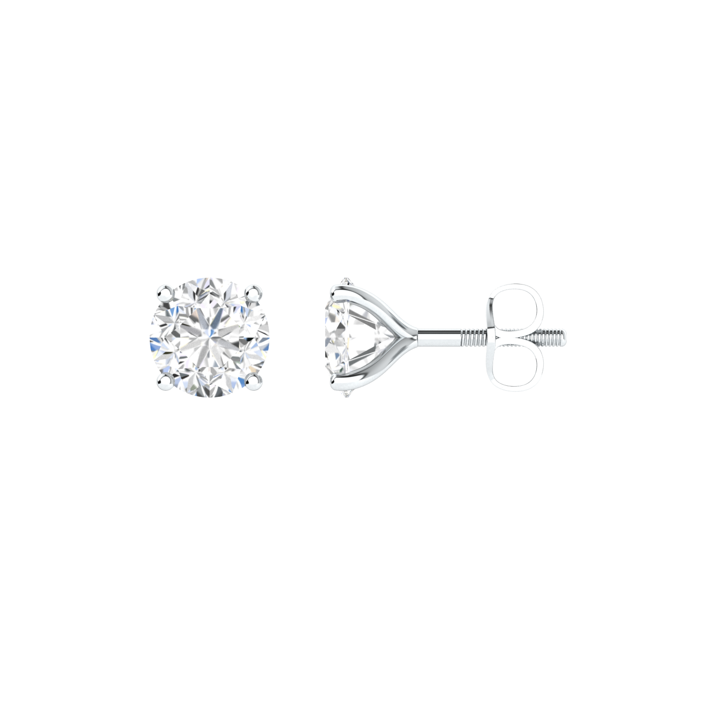 Front and side view of platinum or white gold stud earrings with round brilliant lab grown diamonds in a martini setting