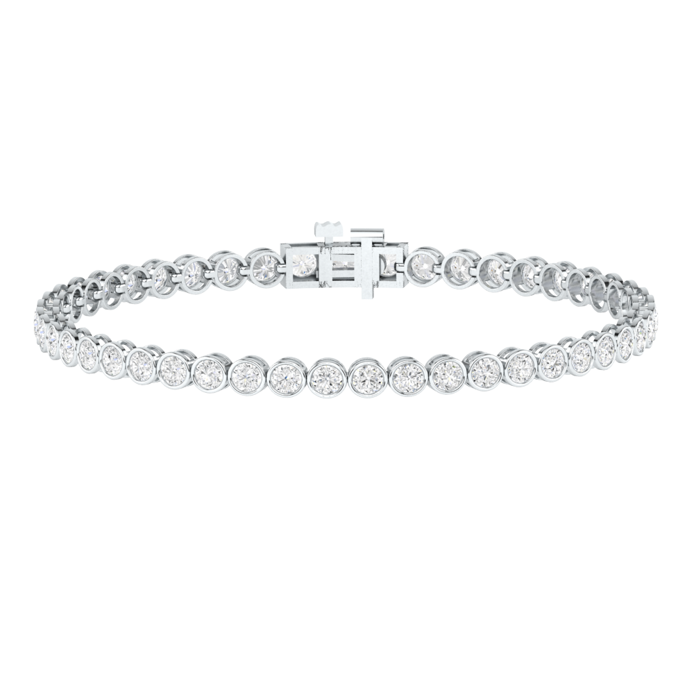 Platinum or white gold line tennis bracelet with ethical round brilliant lab made diamonds in a rubover bezel setting
