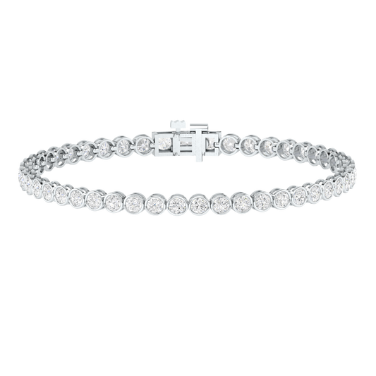 Platinum or white gold line tennis bracelet with ethical round brilliant lab made diamonds in a rubover bezel setting