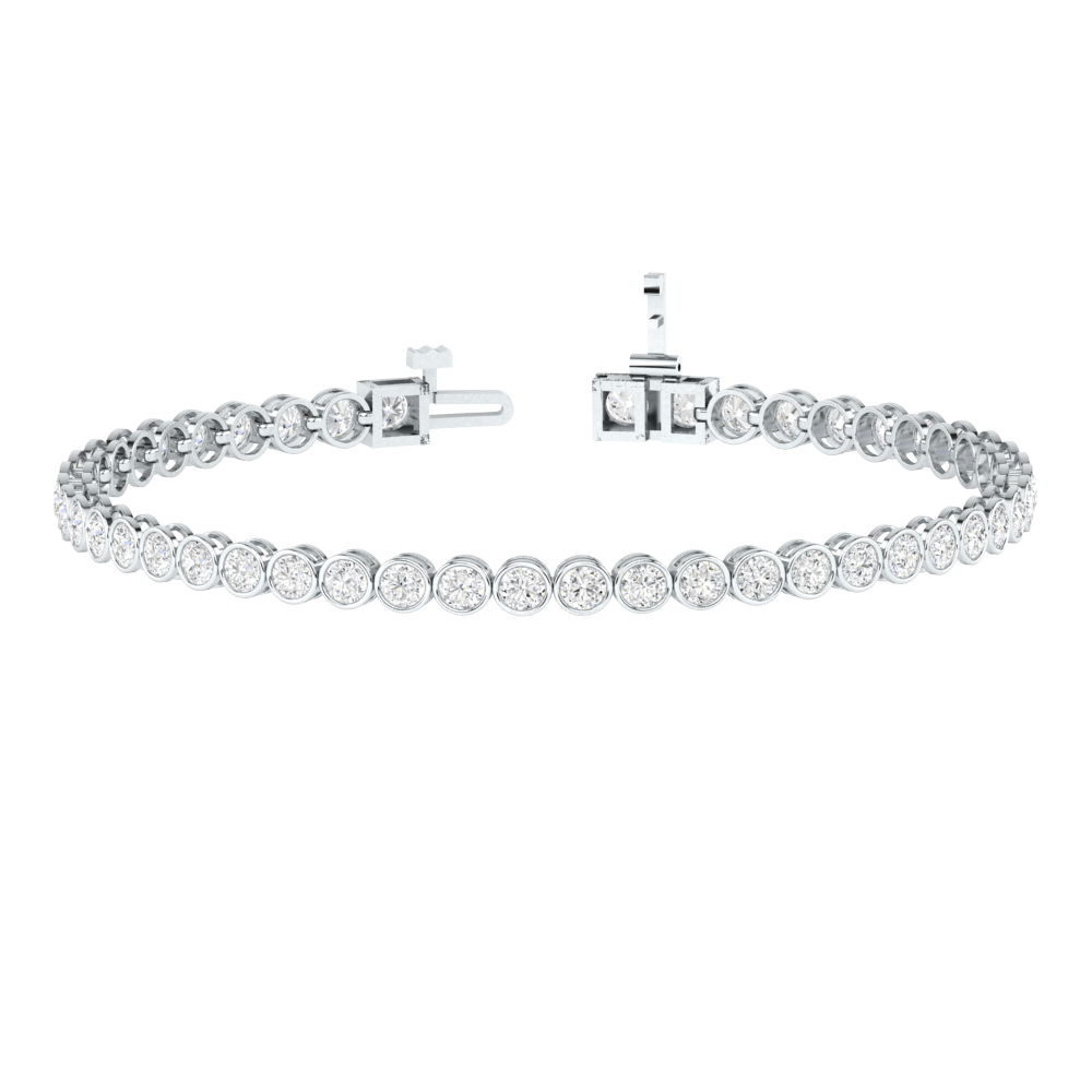 white gold line tennis bracelet with ethical round brilliant lab made diamonds in a rubover bezel setting