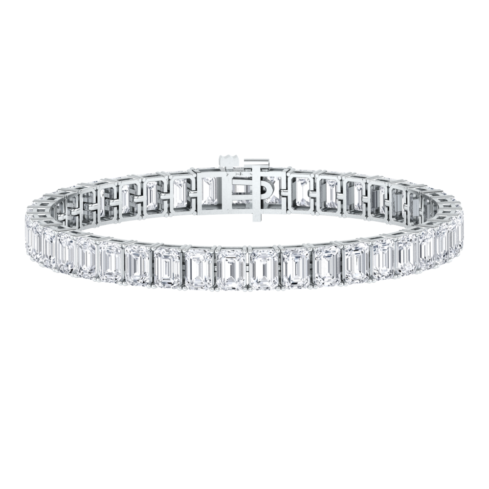 platinum or white gold tennis line bracelet with emerald cut ethical & sustainable lab grown diamonds set vertically using prongs