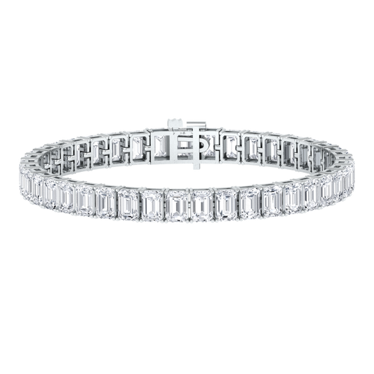 platinum or white gold tennis line bracelet with emerald cut ethical & sustainable lab grown diamonds set vertically using prongs