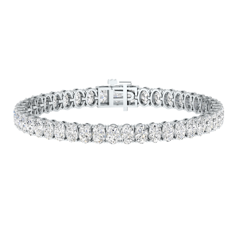 platinum or white gold tennis line bracelet with oval cut ethical & sustainable lab grown diamonds set vertically using prongs