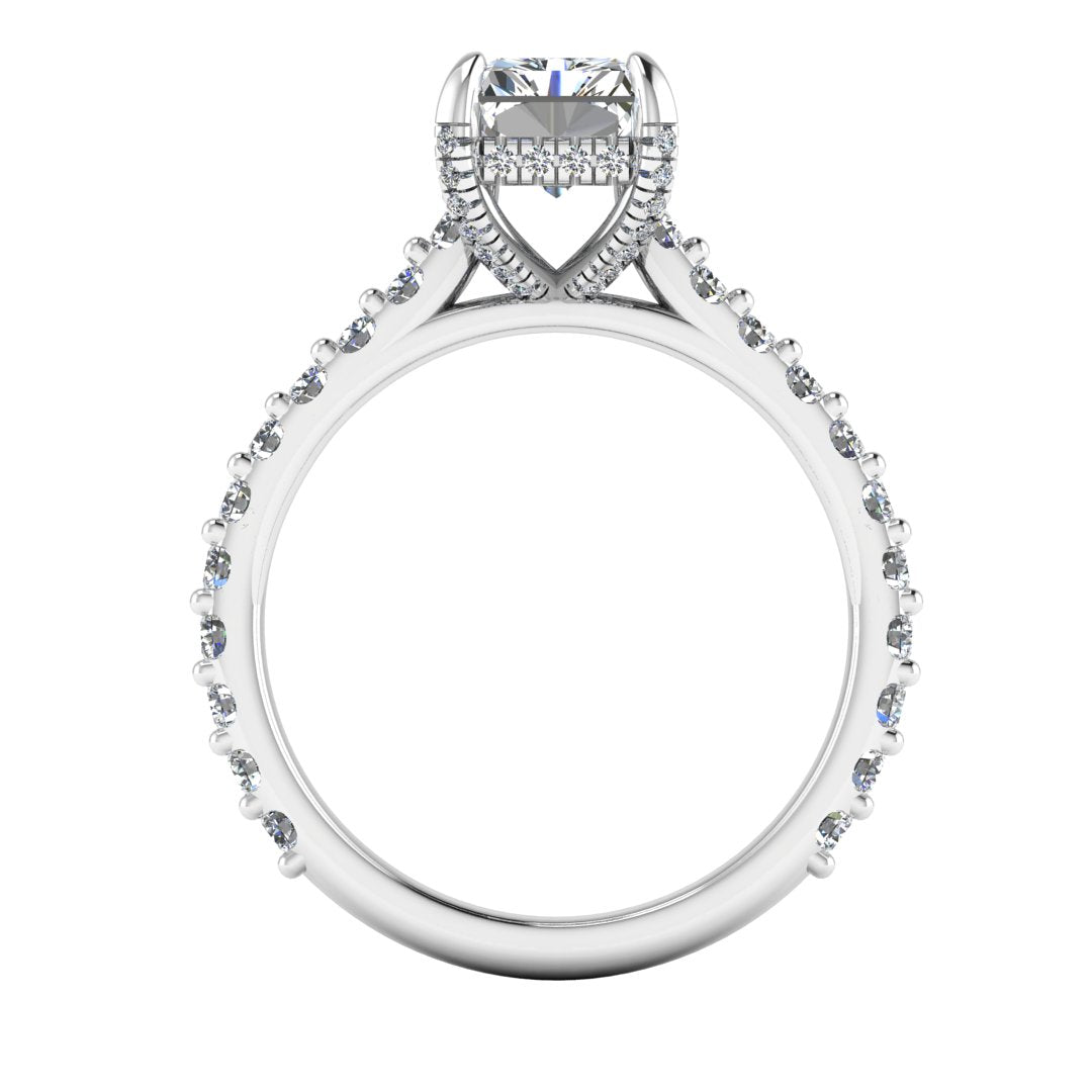 flat view of Ellie platinum or white gold engagement ring which has a central emerald cut lab grown diamond, elegant under-halo, pavé-set shoulders, and delicate diamonds on the prongs for extra sparkle