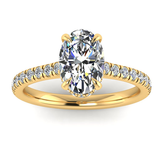 Front view of yellow gold oval cut lab grown diamond engagement ring with secret hidden halo and diamond band