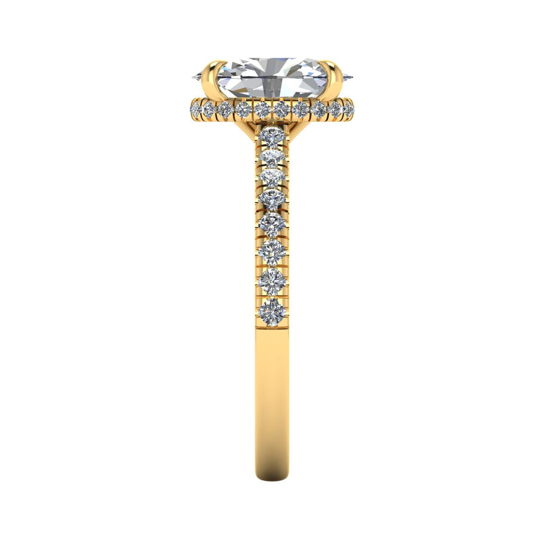 Side view of yellow gold oval cut lab grown diamond engagement ring with secret hidden halo and diamond band