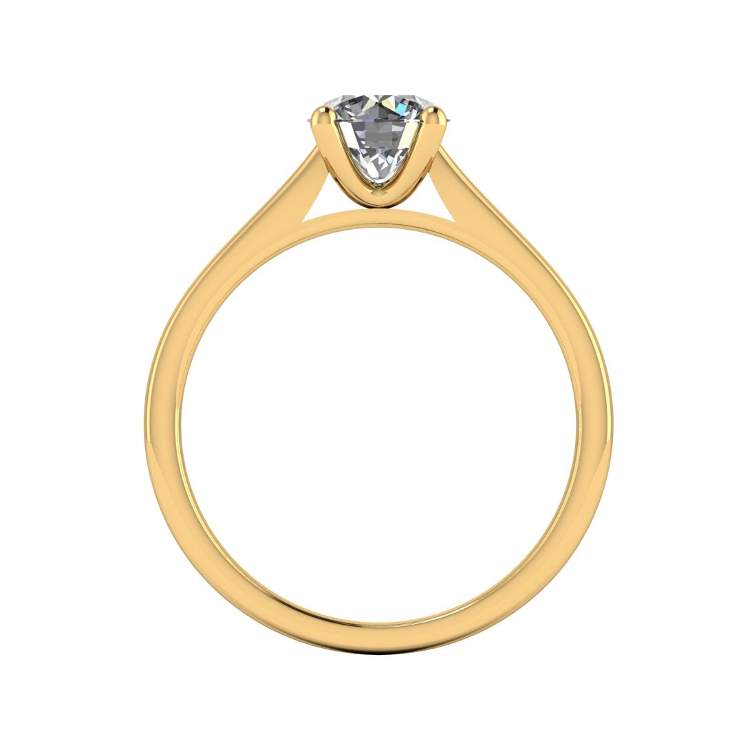 Flat view of the Arya Engagement ring in yellow gold. A traditional single solitaire round brilliant lab grown diamond in a cathedral setting