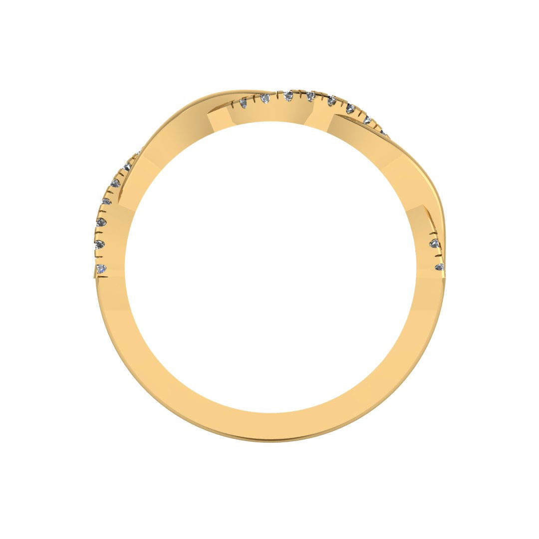 flat view of yellow gold double jointed twisted wedding band with set diamonds