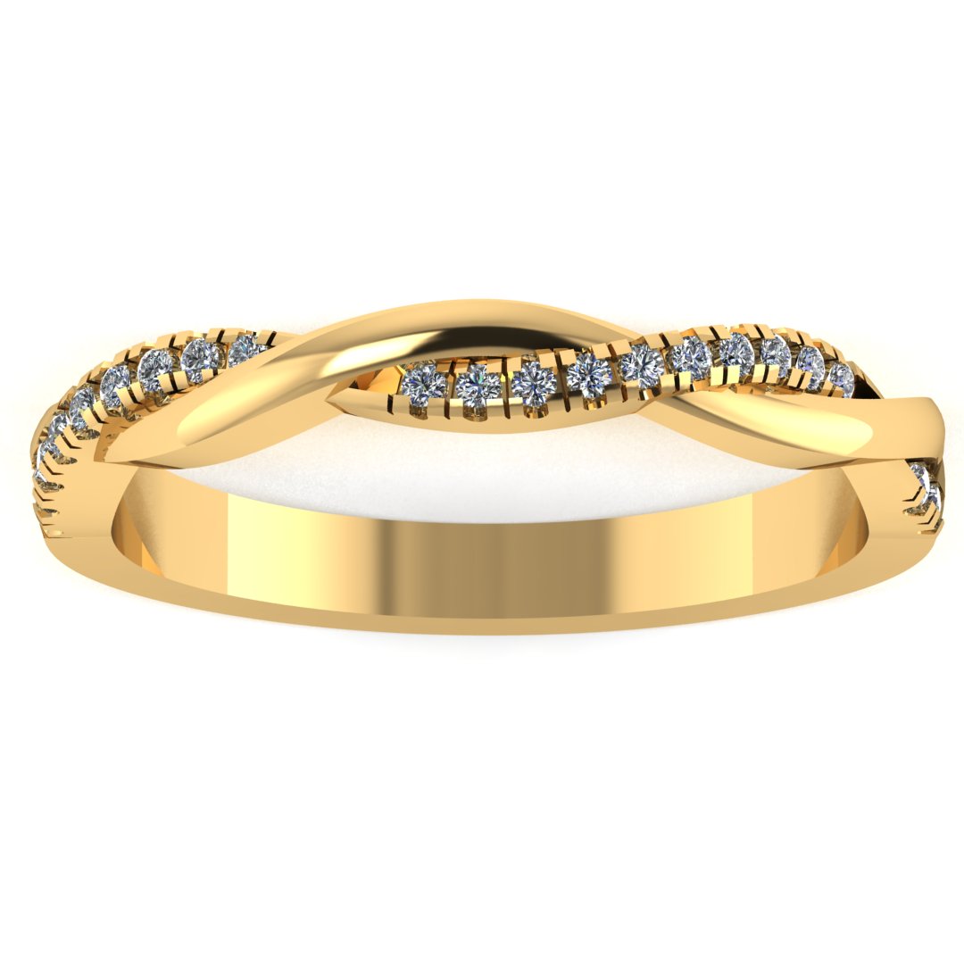 Front view of yellow gold double jointed twisted wedding band with set diamonds