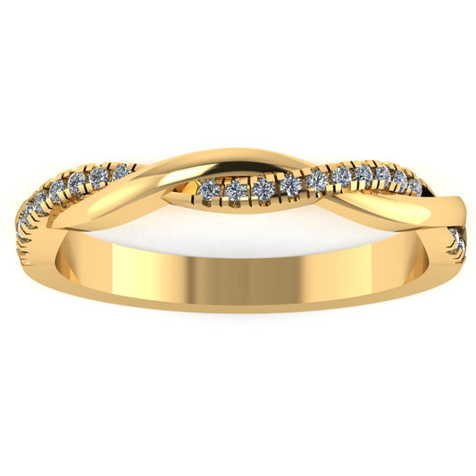 Front view of yellow gold double jointed twisted wedding band with set diamonds