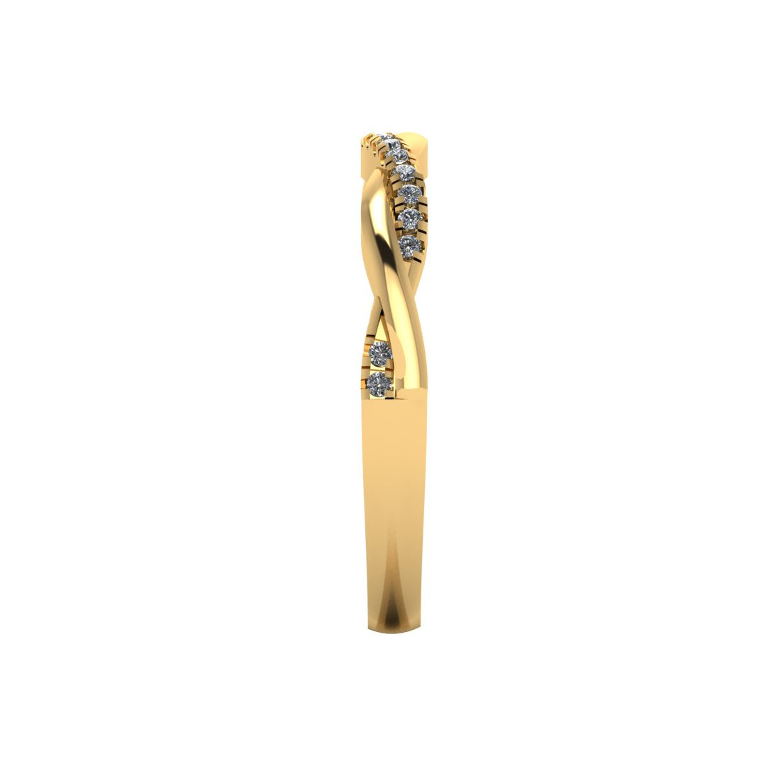 Side view of yellow gold double jointed twisted wedding band with set diamonds