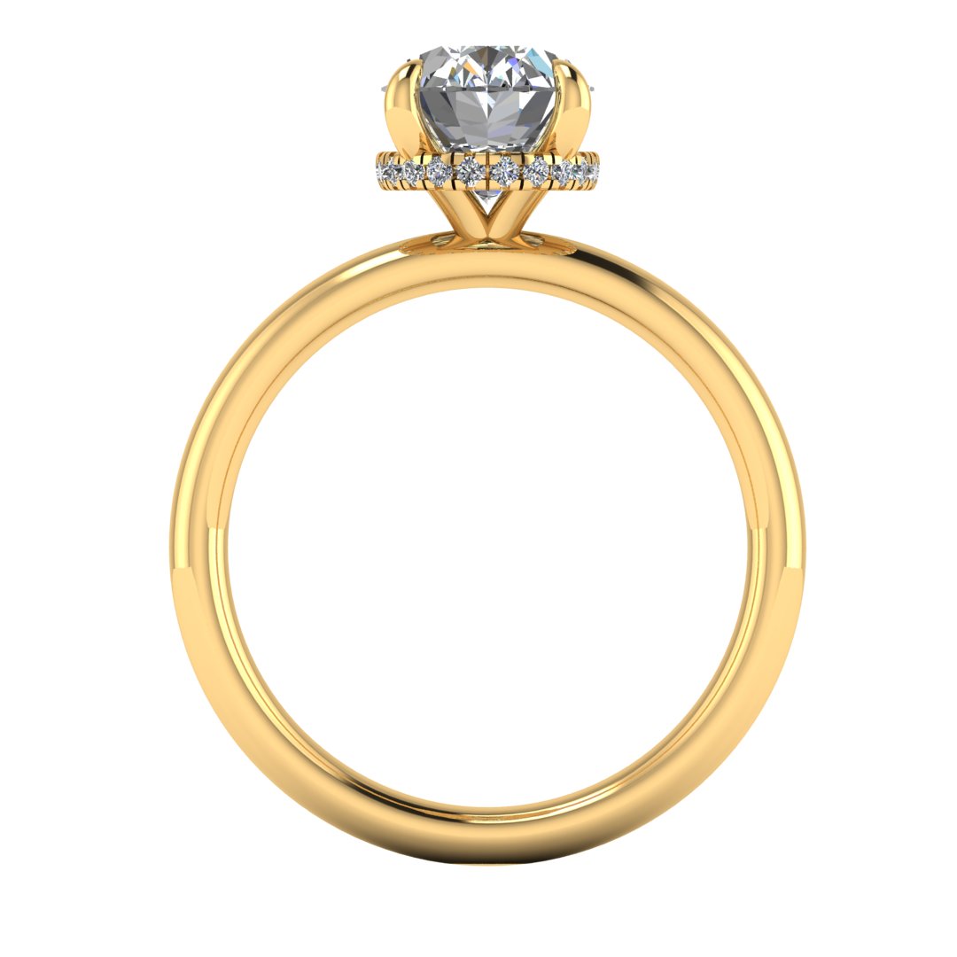 Flat profile of a yellow gold engagement ring with a oval cut lab grown diamond with a secret hidden halo