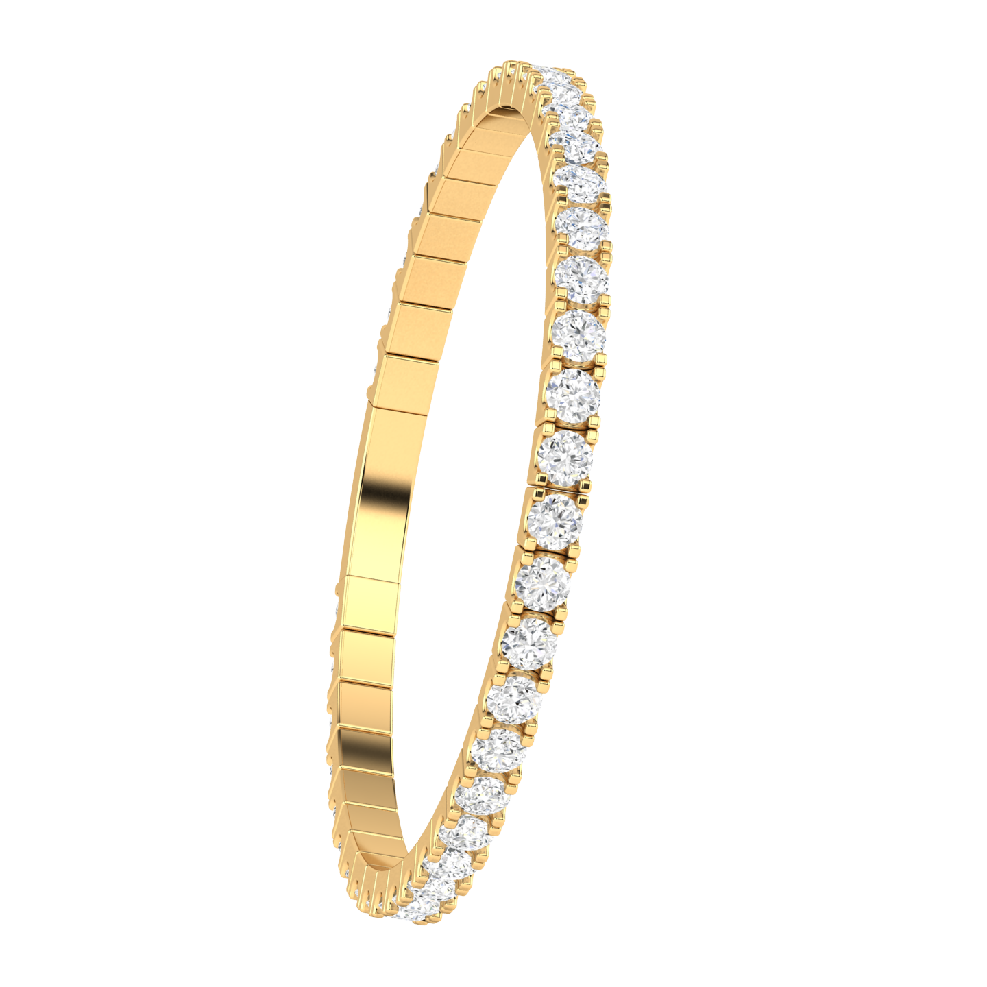 angled view of a yellow gold flexible bangle which stretches over your wrist for easy dressing