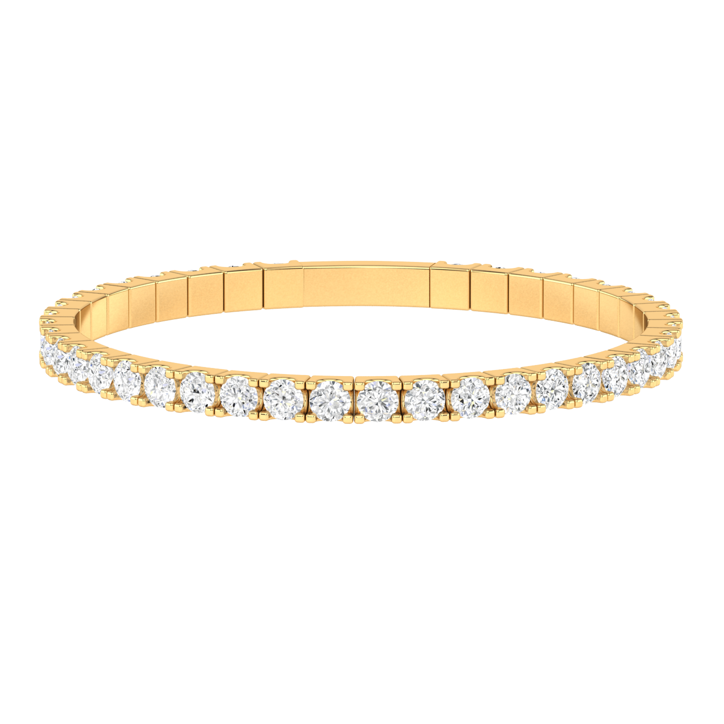 Front view of a yellow gold flexible bangle which stretches over your wrist for easy dressing