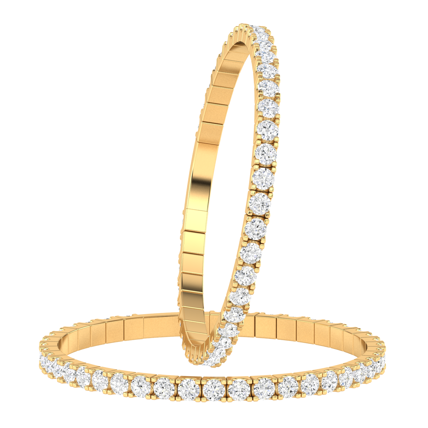 multi view of a yellow gold flexible bangle which stretches over your wrist for easy dressing
