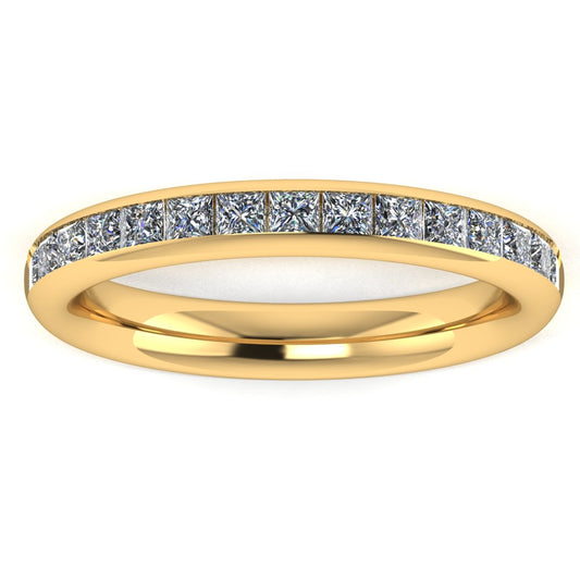front view of a yellow gold lab grown diamond channel set wedding band with princess cut lab grown diamonds