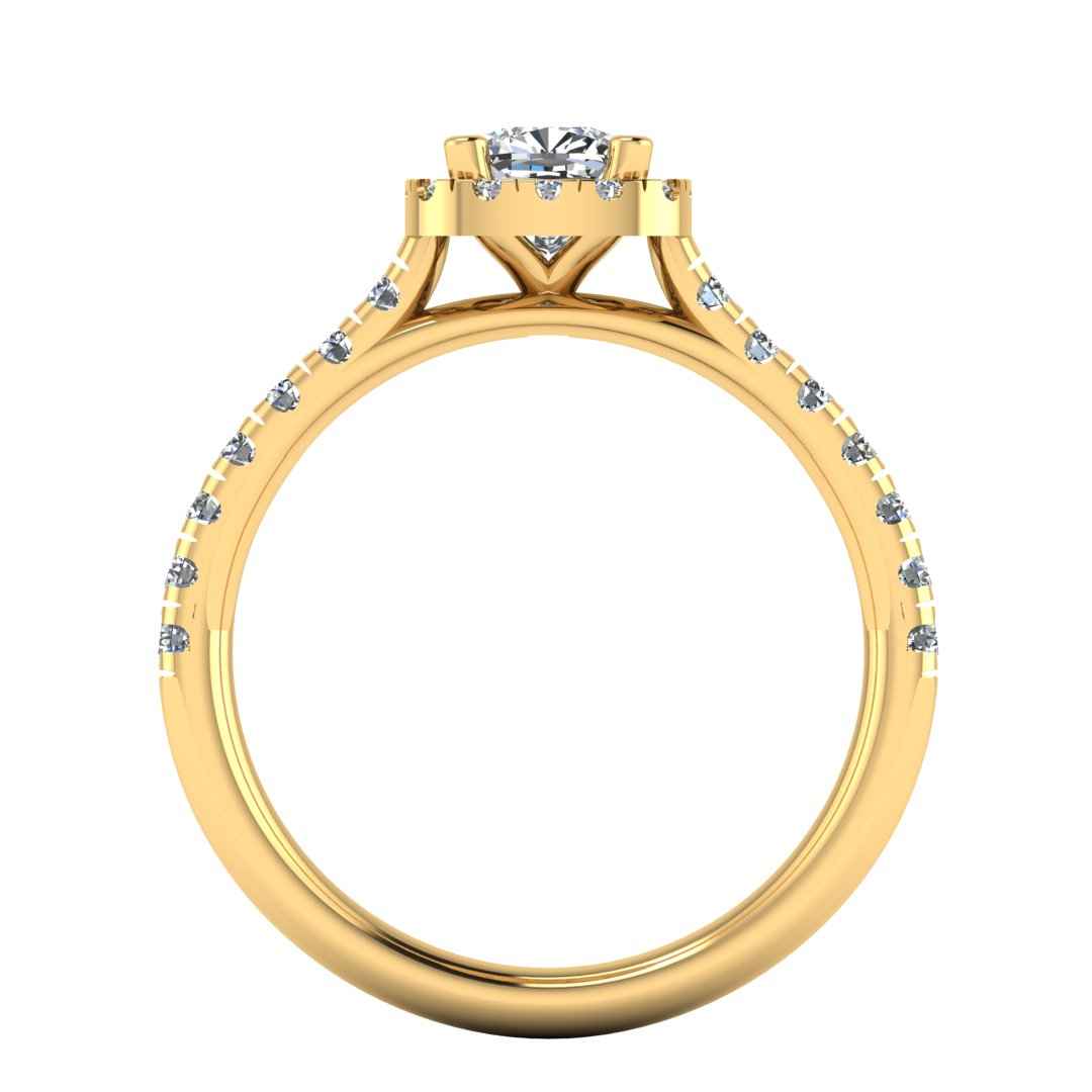 flat view of a yellow gold engagement ring which features a cushion cut lab-grown diamond with a halo and pavé-set shoulders
